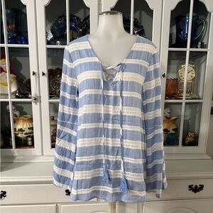 Anthropologie Loveriche Blue and White Stripes Top Bell Sleeve Size Small